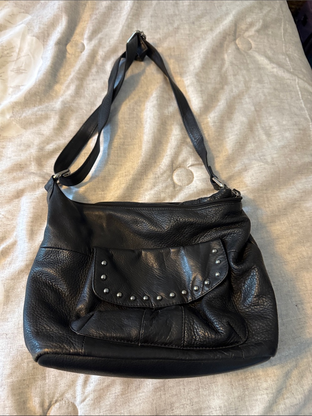Black Leather Studded Shoulder Bag - Unbranded